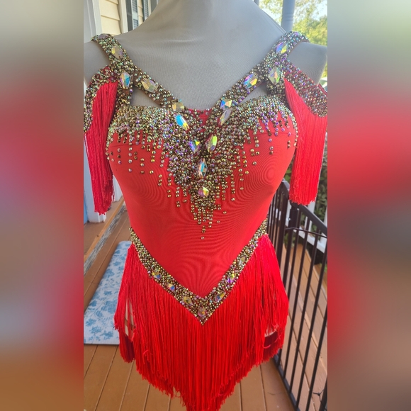 Vahkner Vibrant Watermelon Fringe Latin/Rhythm Ballroom Dress - Picture 1 of 11